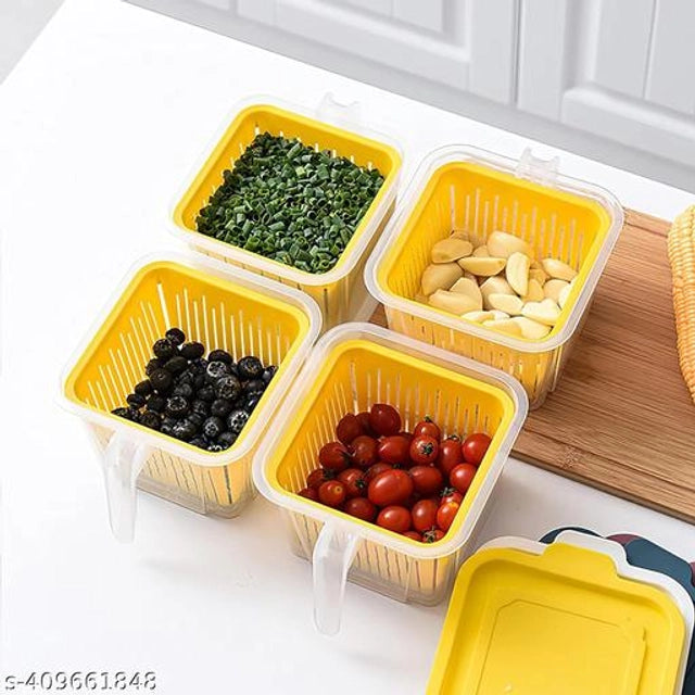 Plastic Fridge Storage Container (Yellow, 1000 ml) (Pack of 4)