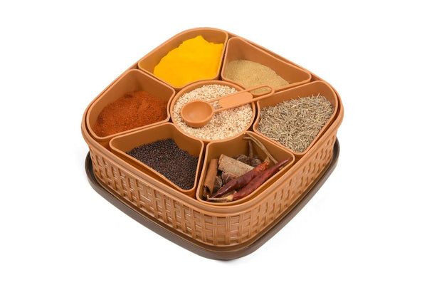 Plastic Square Multipurpose Masala/Spice/Dry Fruit Box Set 1 Piece- Brown (Masala Box -7 in 1)