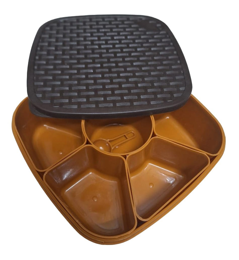 Plastic Square Multipurpose Masala/Spice/Dry Fruit Box Set 1 Piece- Brown (Masala Box -7 in 1)