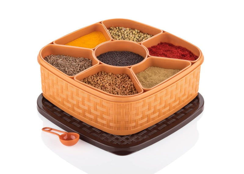 Plastic Square Multipurpose Masala/Spice/Dry Fruit Box Set 1 Piece- Brown (Masala Box -7 in 1)